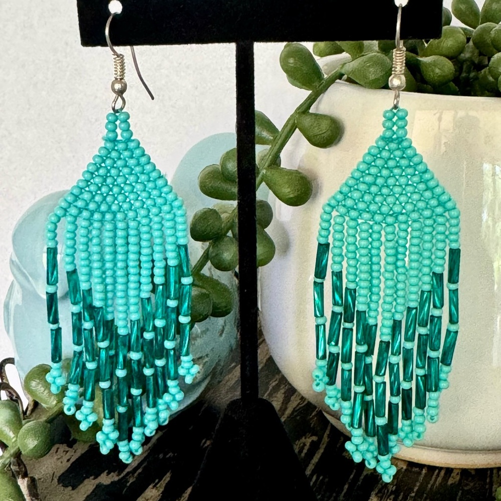 Vintage Teal Blue Sea Bead Boho Style 3.5” Long Hand Beaded Earrings